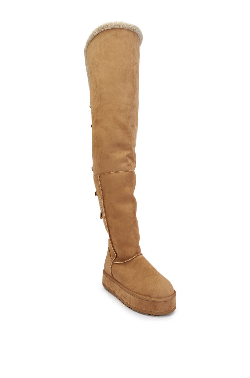 AZALEA WANG SHEA CHESTNUT FAUX SUEDE SHEARLING THIGH HIGH FLAT BOOT