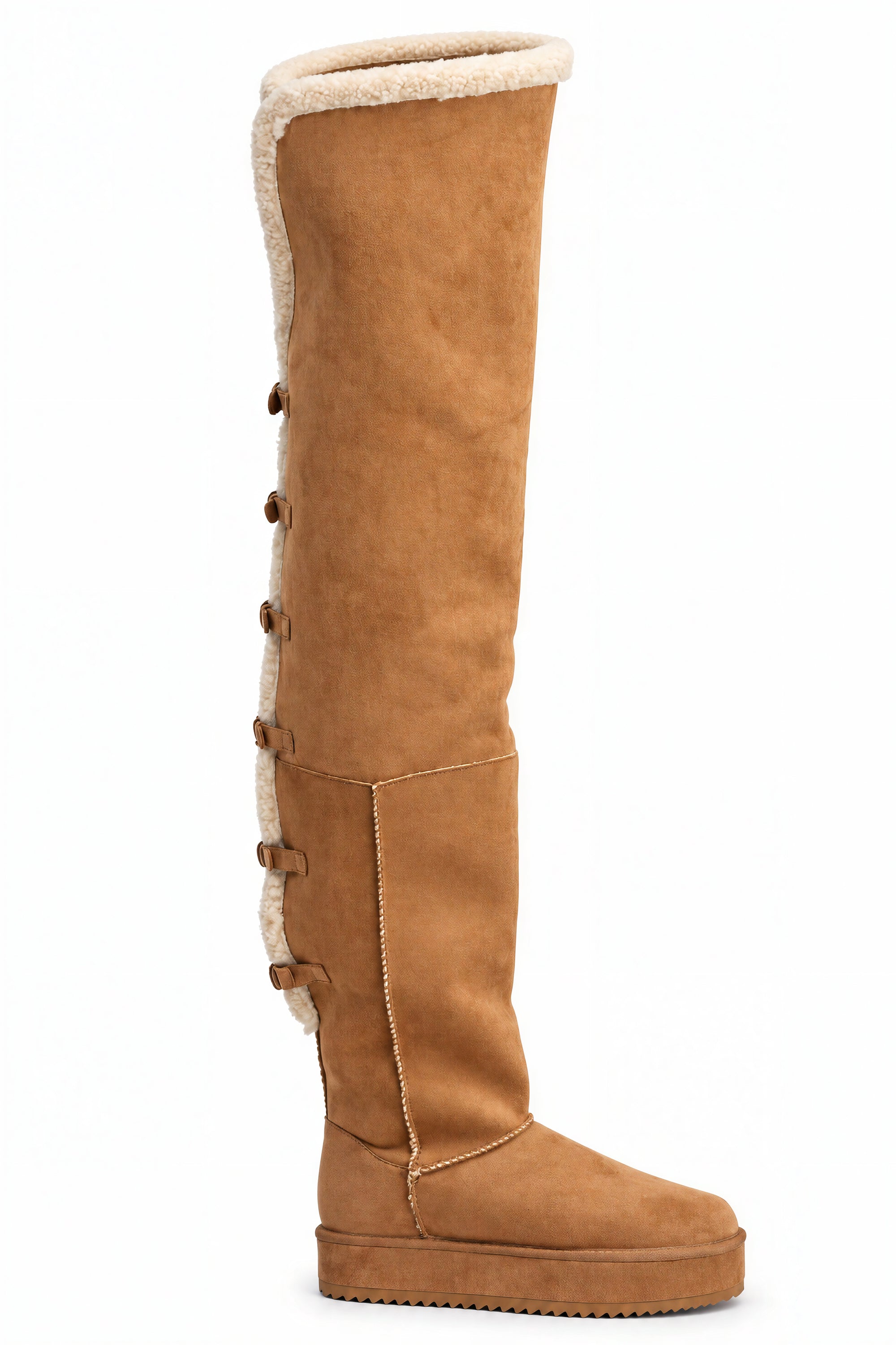 AZALEA WANG SHEA CHESTNUT FAUX SUEDE SHEARLING THIGH HIGH FLAT BOOT