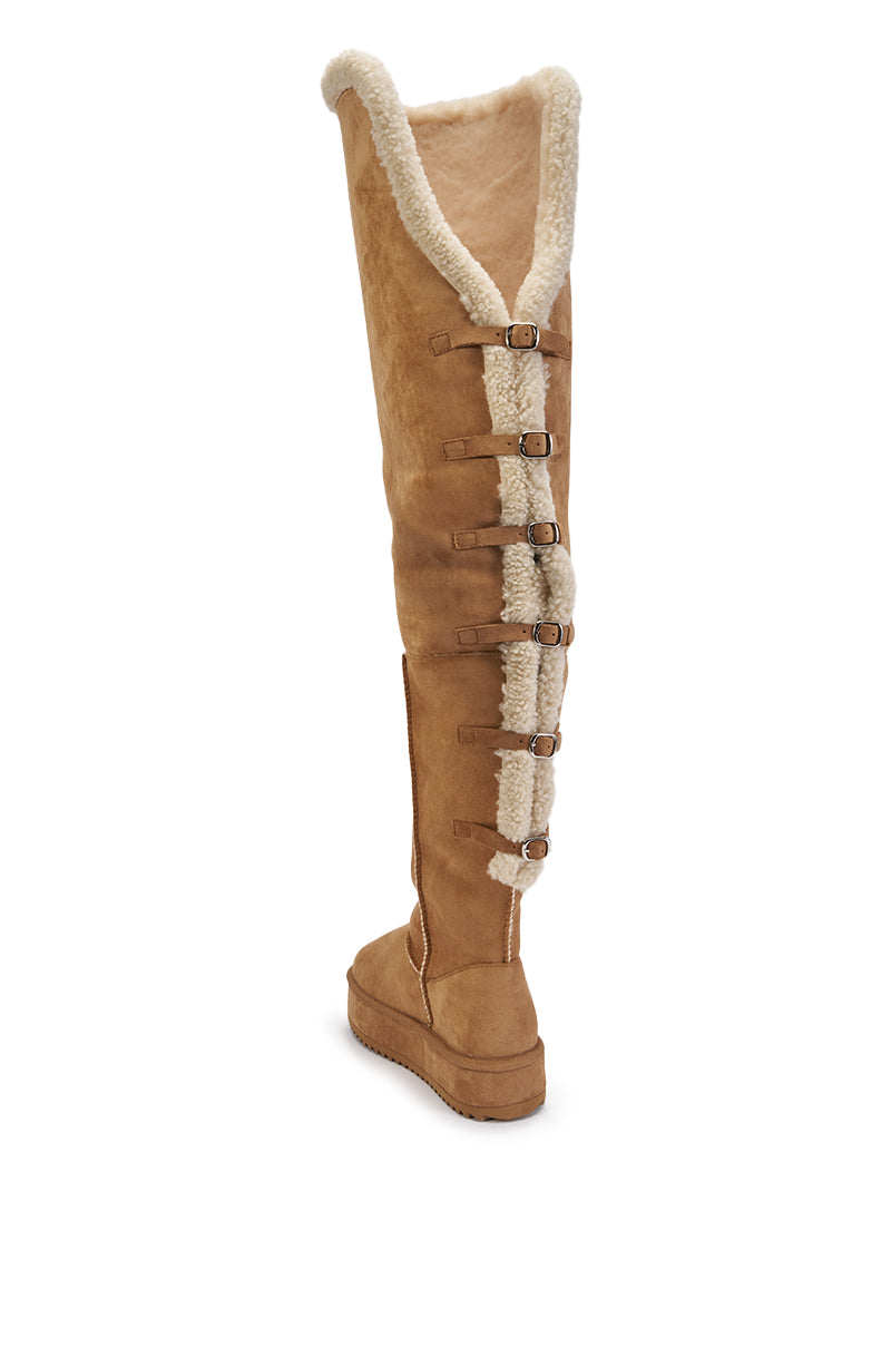 AZALEA WANG SHEA CHESTNUT FAUX SUEDE SHEARLING THIGH HIGH FLAT BOOT