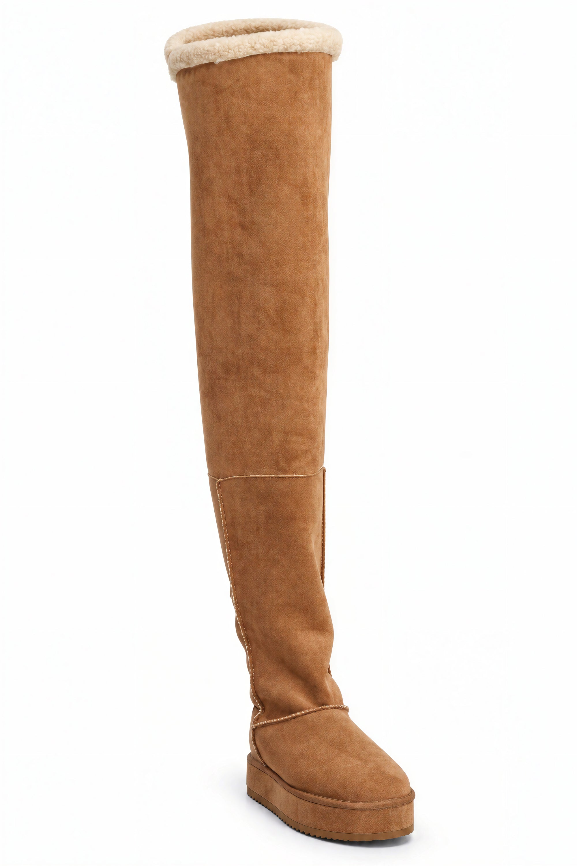AZALEA WANG SHEA CHESTNUT FAUX SUEDE SHEARLING THIGH HIGH FLAT BOOT