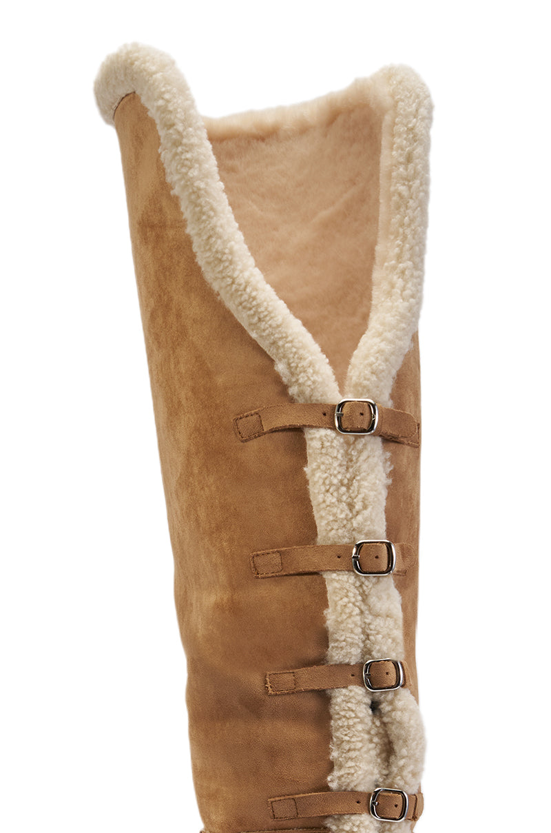 AZALEA WANG SHEA CHESTNUT FAUX SUEDE SHEARLING THIGH HIGH FLAT BOOT