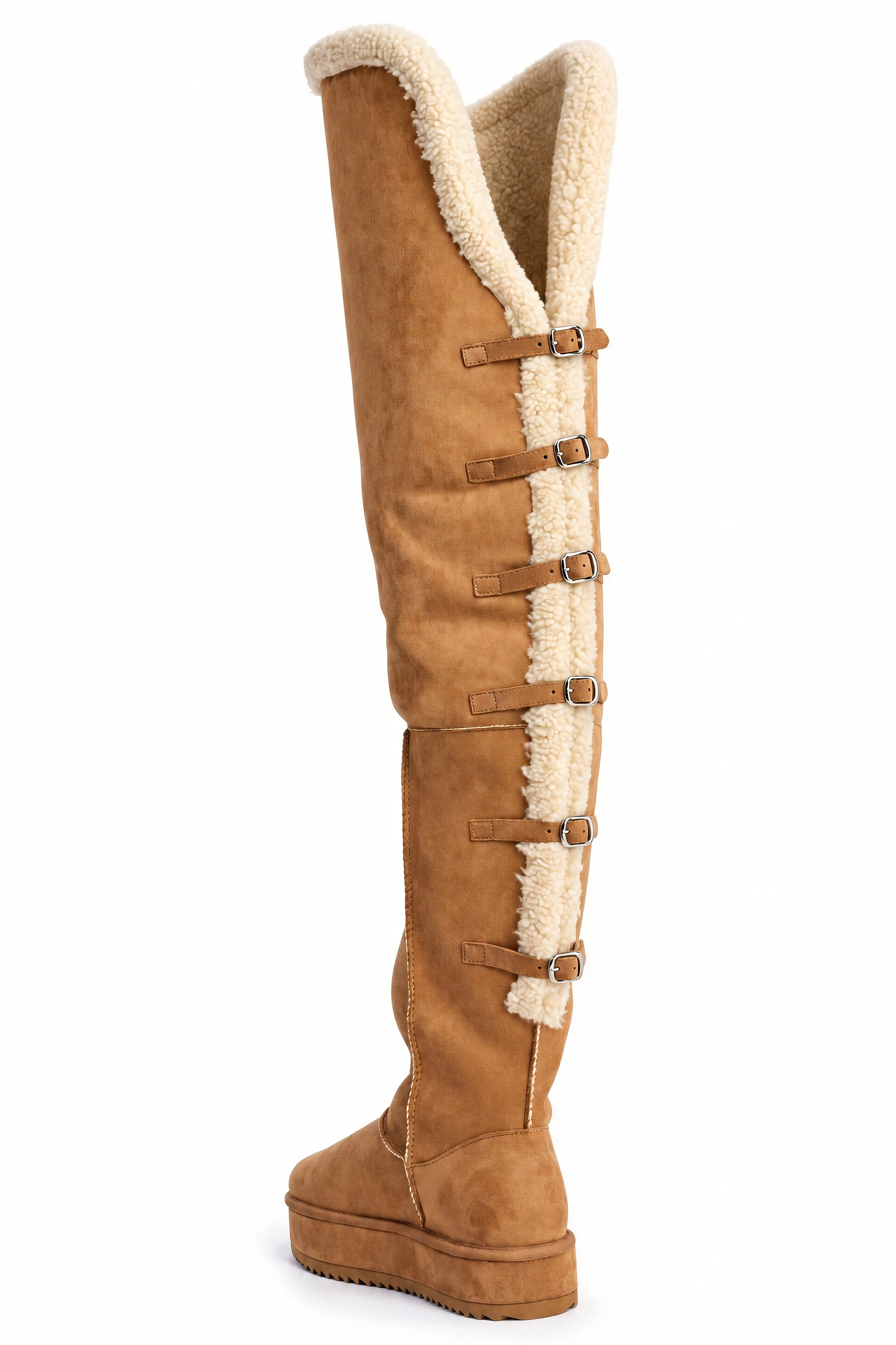 AZALEA WANG SHEA CHESTNUT FAUX SUEDE SHEARLING THIGH HIGH FLAT BOOT