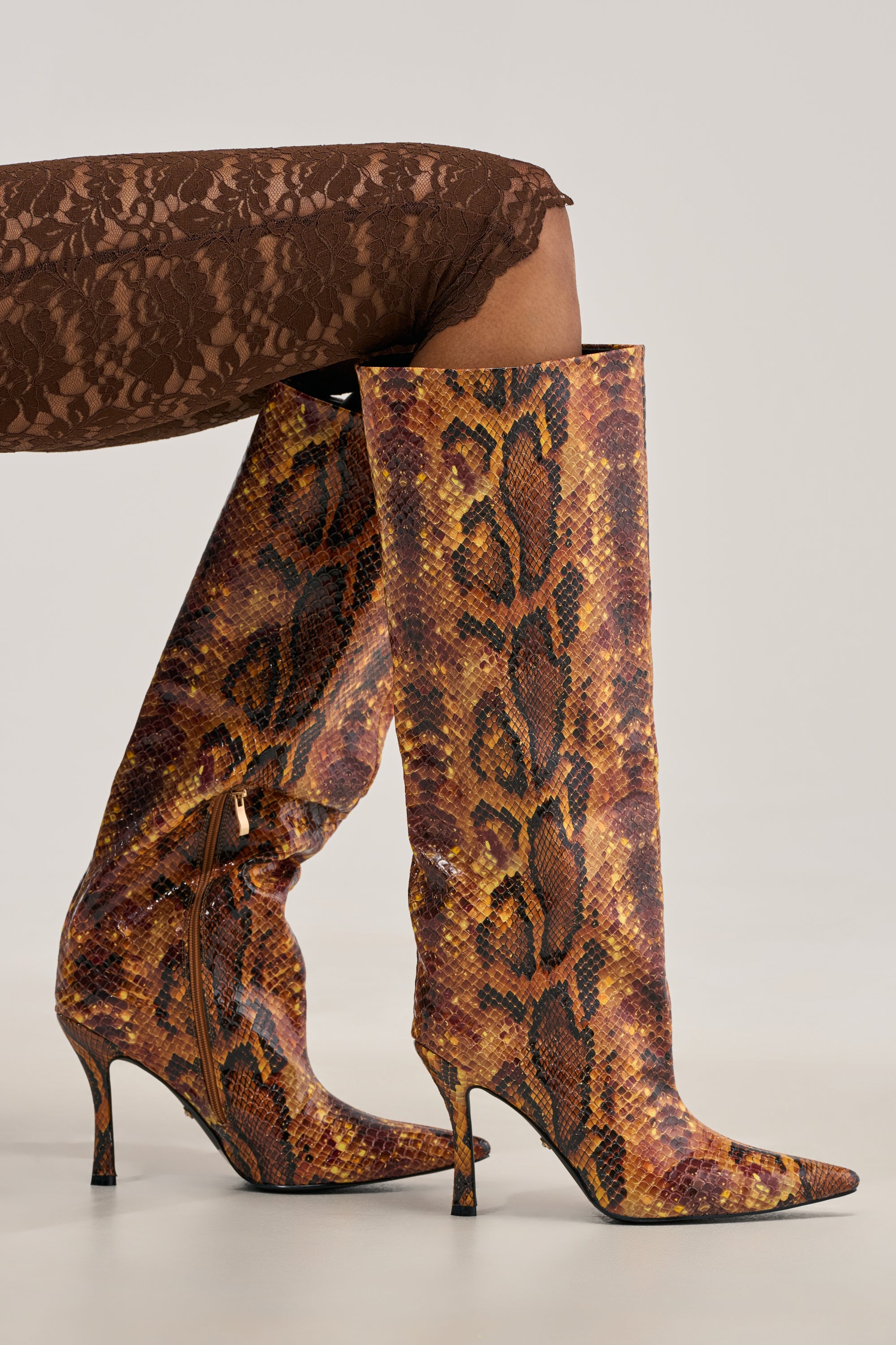 AZALEA WANG SIMONE ORANGE SNAKE STILETTO BOOT