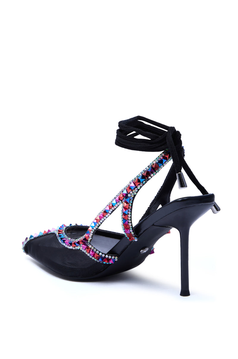 AZALEA WANG SPEEDYIE BLACK MULTI MESH AND MULTI COLORED RHINESTONES PUMP