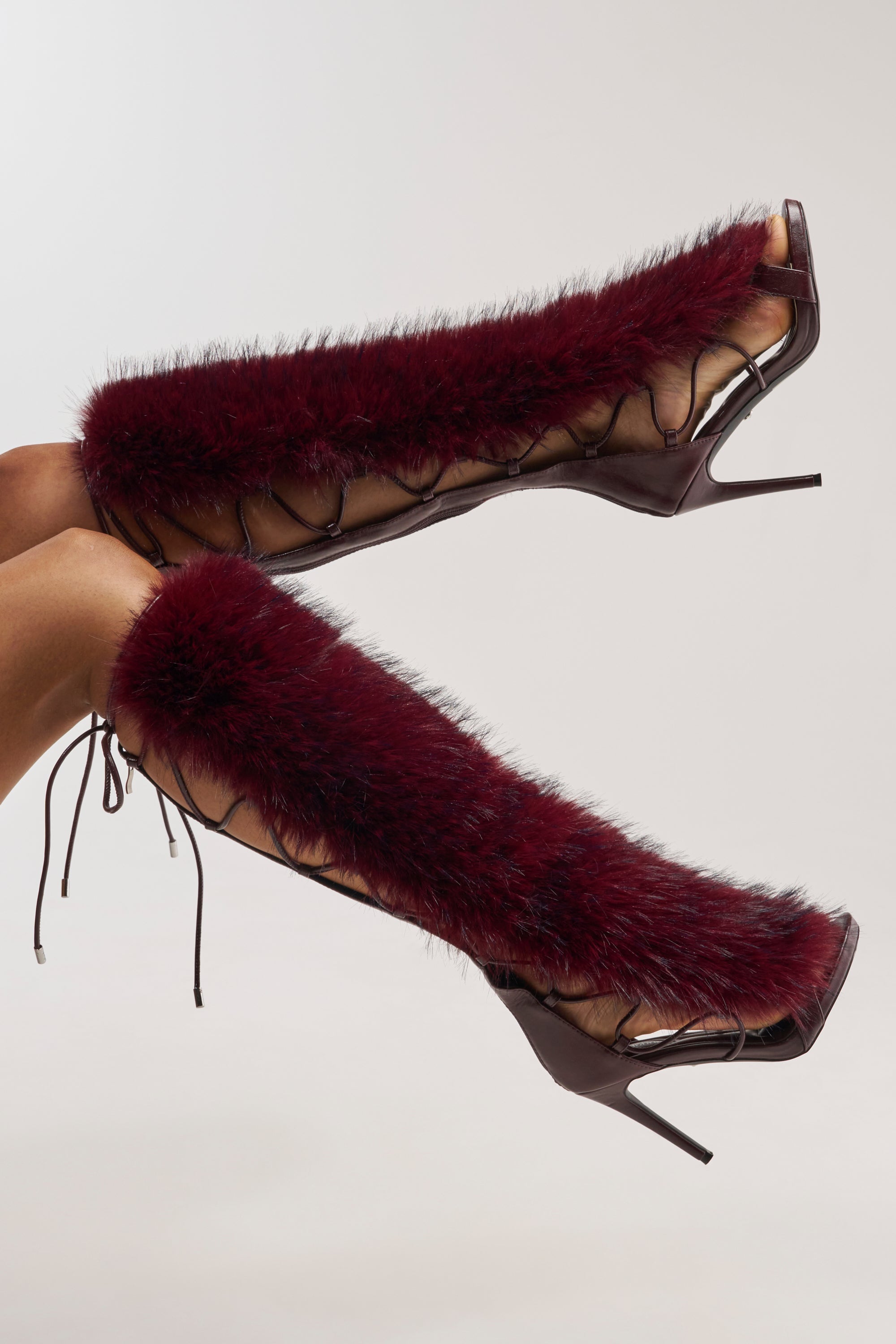 AZALEA WANG STAMOS MERLOT STILETTO SANDAL WITH FUR
