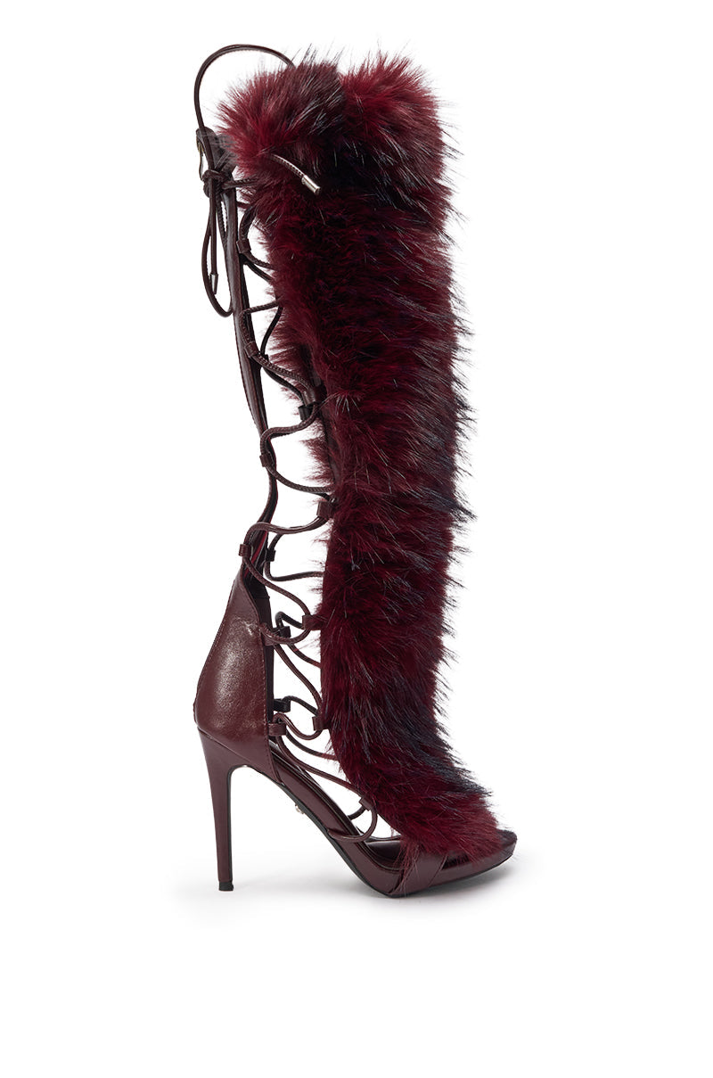 AZALEA WANG STAMOS MERLOT STILETTO SANDAL WITH FUR