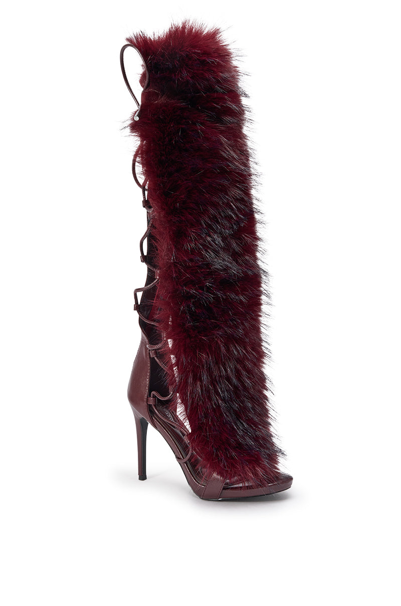 AZALEA WANG STAMOS MERLOT STILETTO SANDAL WITH FUR