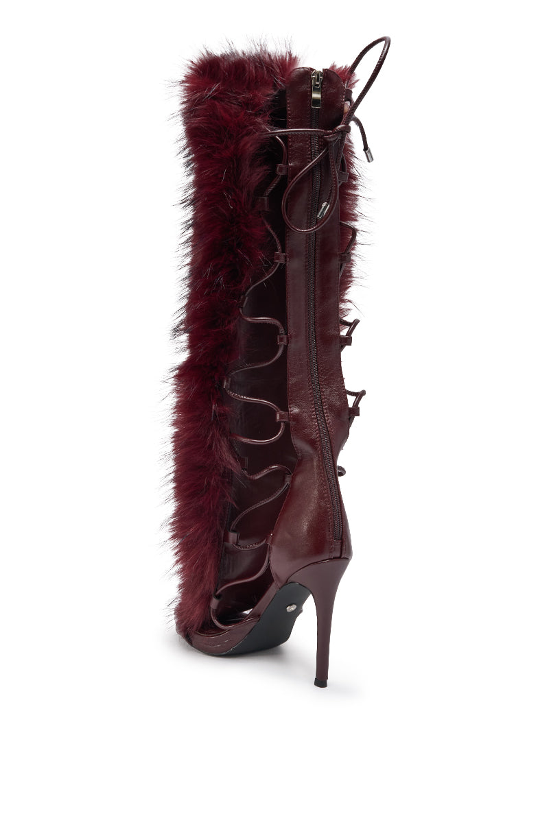 AZALEA WANG STAMOS MERLOT STILETTO SANDAL WITH FUR