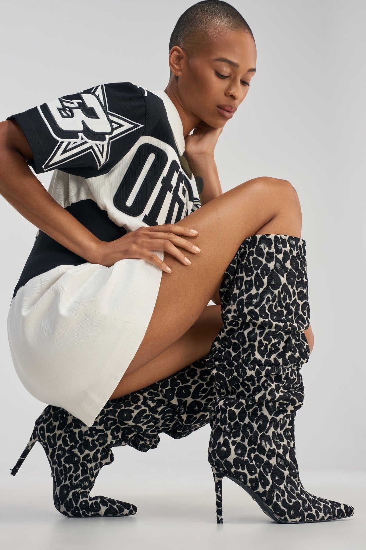 AZALEA WANG STERRE BLACK AND WHITE LEOPARD PRINT STILETTO BOOT