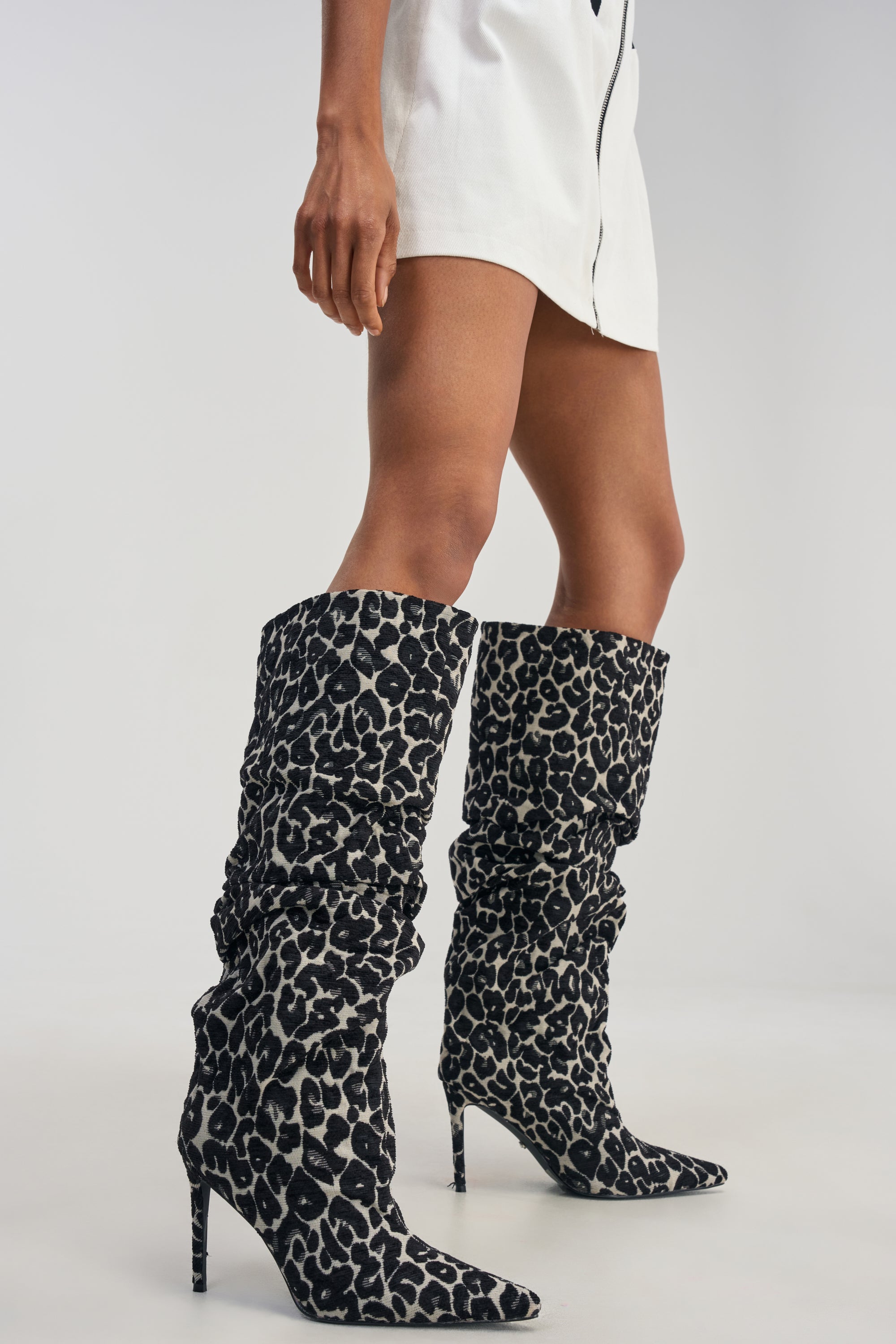 AZALEA WANG STERRE BLACK AND WHITE LEOPARD PRINT STILETTO BOOT