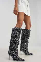 AZALEA WANG STERRE BLACK AND WHITE LEOPARD PRINT STILETTO BOOT
