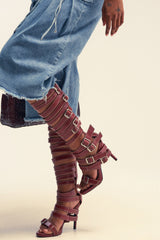 AZALEA WANG STITCH BROWN PU HARDWARE EMBELLISHED STILETTO SANDAL