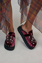 AZALEA WANG SWIFTLY MERLOT VELVET EMBELLISHED FLATFORM CLOG