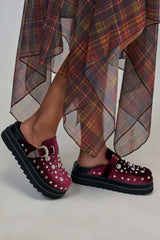 AZALEA WANG SWIFTLY MERLOT VELVET EMBELLISHED FLATFORM CLOG