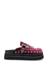 AZALEA WANG SWIFTLY MERLOT VELVET EMBELLISHED FLATFORM CLOG