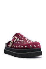 AZALEA WANG SWIFTLY MERLOT VELVET EMBELLISHED FLATFORM CLOG