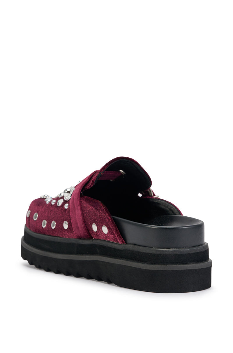 AZALEA WANG SWIFTLY MERLOT VELVET EMBELLISHED FLATFORM CLOG