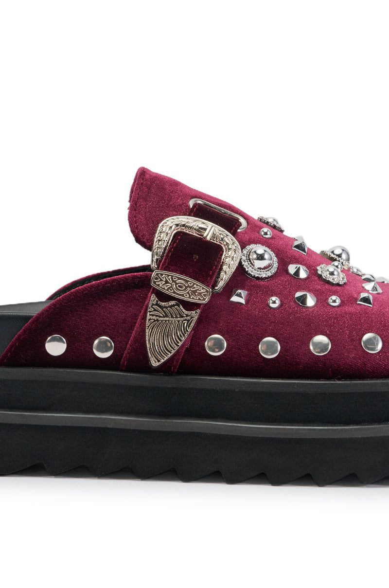 AZALEA WANG SWIFTLY MERLOT VELVET EMBELLISHED FLATFORM CLOG