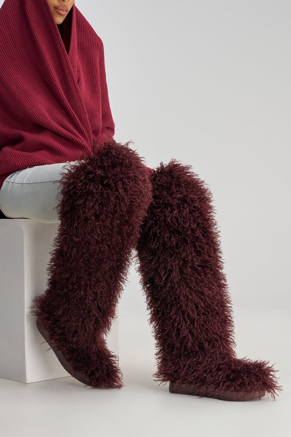 AZALEA WANG TEMPLETON BURGUNDY FAUX POODLE FUR OVER THE KNEE BOOT