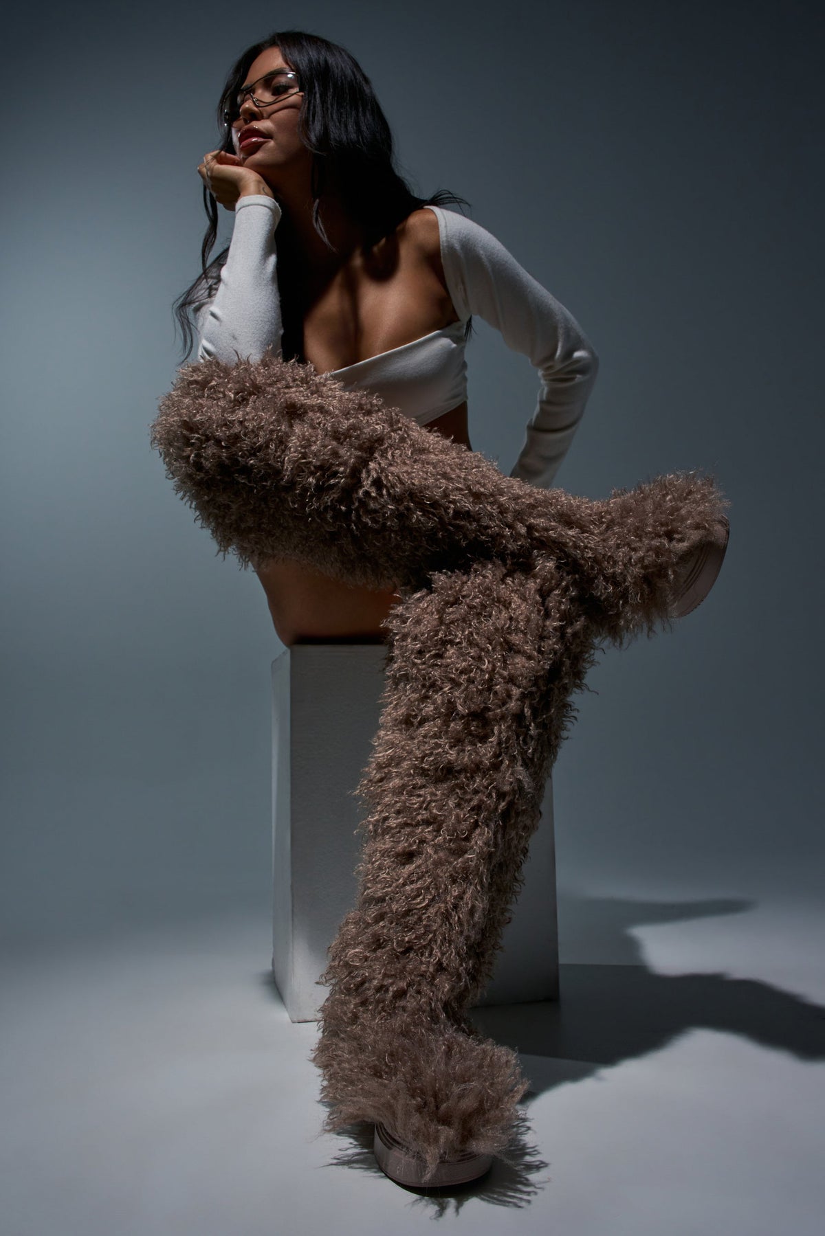 AZALEA WANG TEMPLETON TAUPE FAUX POODLE FUR OVER THE KNEE BOOT