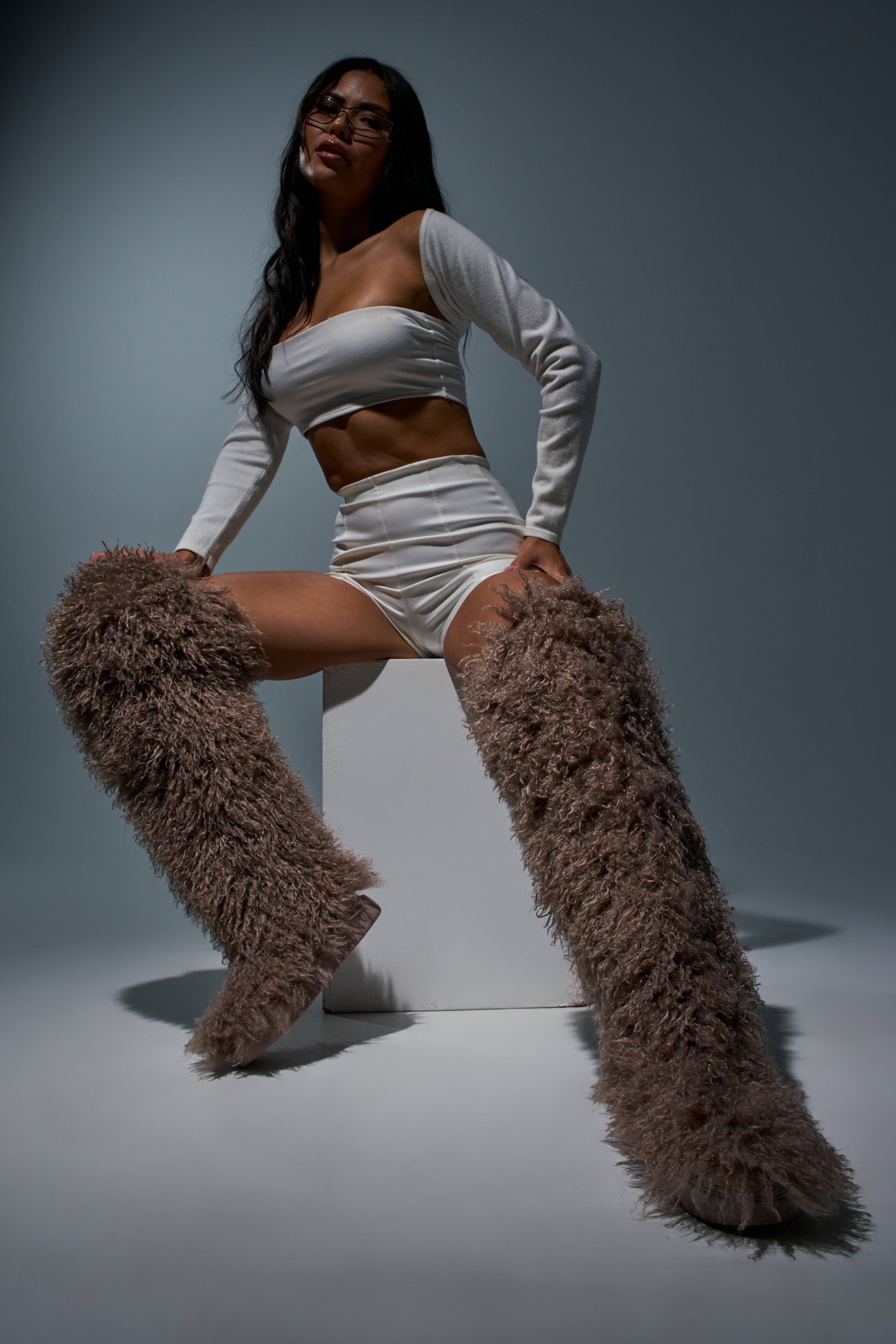 AZALEA WANG TEMPLETON TAUPE FAUX POODLE FUR OVER THE KNEE BOOT