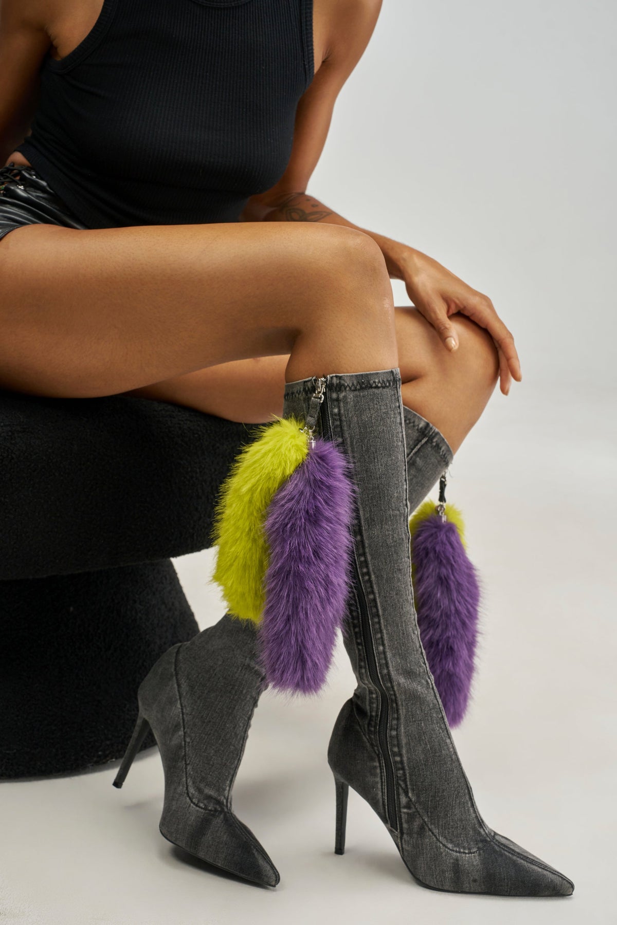 AZALEA WANG VICTORINE GREY DENIM STILETTO BOOT WITH FUR DETAILS