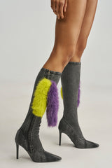 AZALEA WANG VICTORINE GREY DENIM STILETTO BOOT WITH FUR DETAILS
