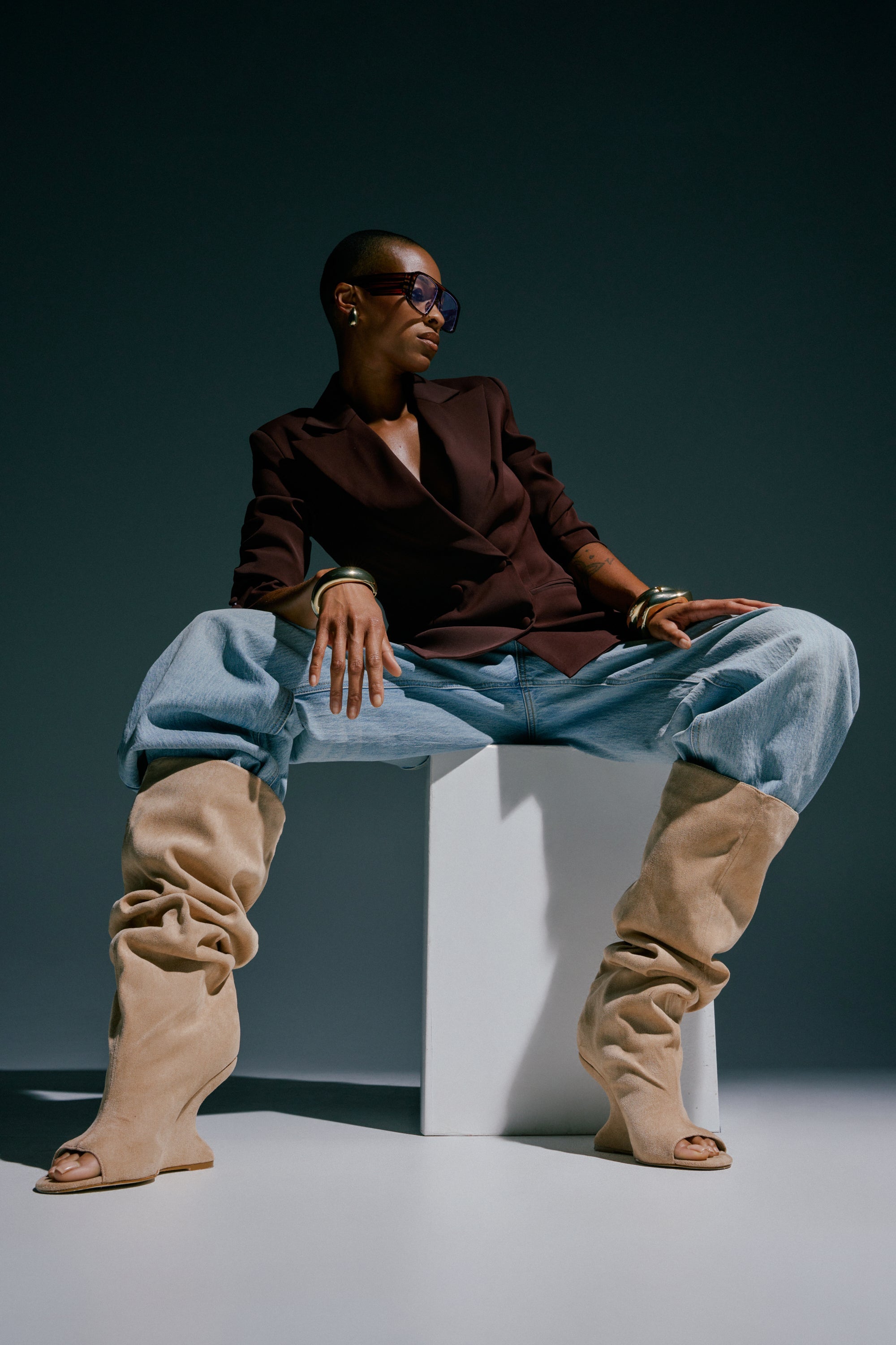 AZALEA WANG VINCENT NUDE FAUX SUEDE OPEN TOE BOOT