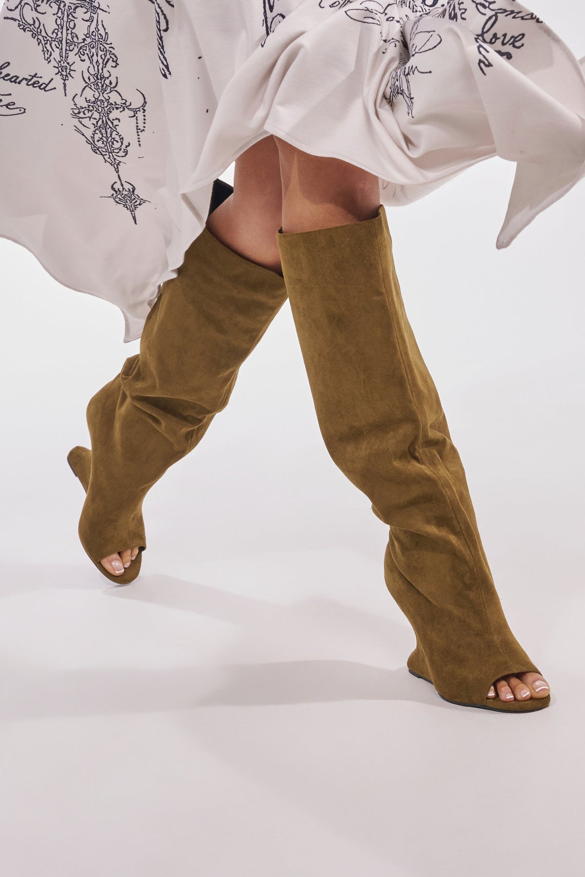 AZALEA WANG VINCENT OLIVE FAUX SUEDE OPEN TOE WEDGE BOOT