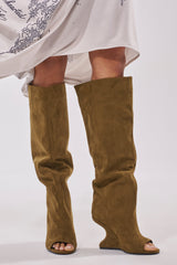 AZALEA WANG VINCENT OLIVE FAUX SUEDE OPEN TOE WEDGE BOOT