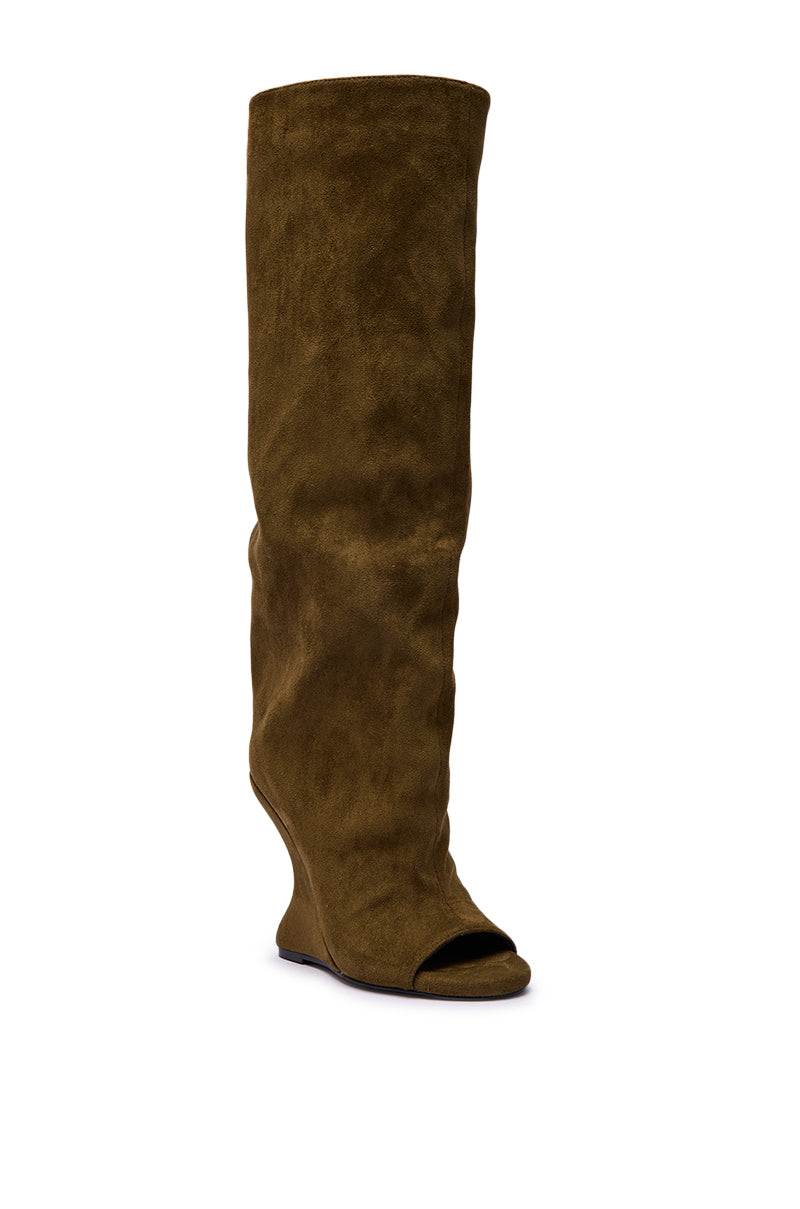 AZALEA WANG VINCENT OLIVE FAUX SUEDE OPEN TOE WEDGE BOOT
