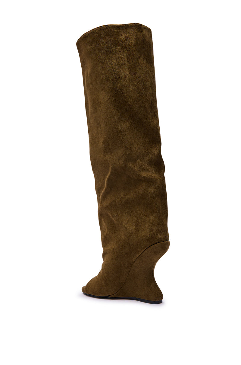 AZALEA WANG VINCENT OLIVE FAUX SUEDE OPEN TOE WEDGE BOOT
