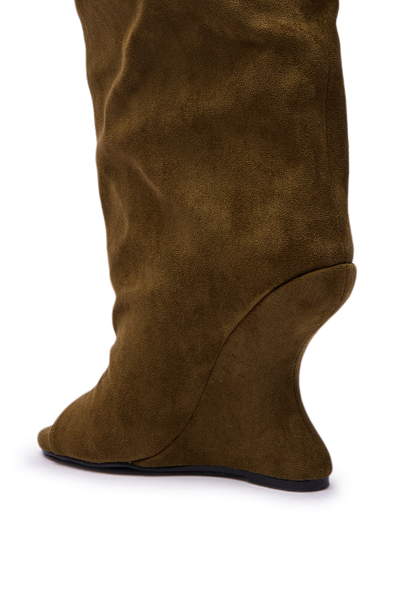 AZALEA WANG VINCENT OLIVE FAUX SUEDE OPEN TOE WEDGE BOOT