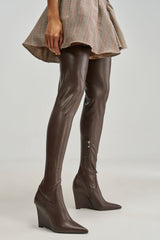 AZALEA WANG VIREX BROWN PU WEDGE STRETCH BOOT