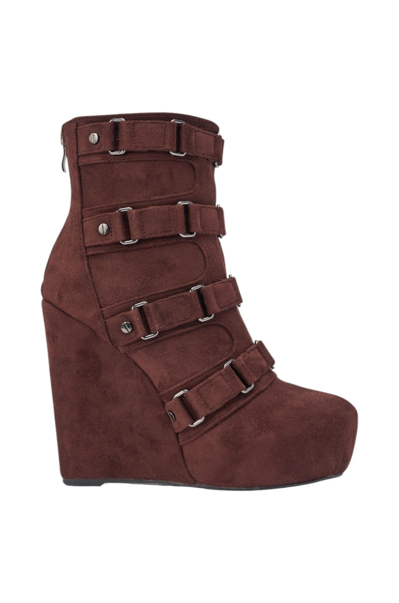 AZALEA WANG VITO FAUX SUEDE CHOCOLATE WEDGE BOOTIE