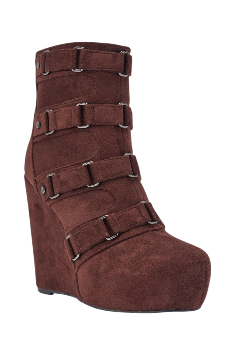 AZALEA WANG VITO FAUX SUEDE CHOCOLATE WEDGE BOOTIE