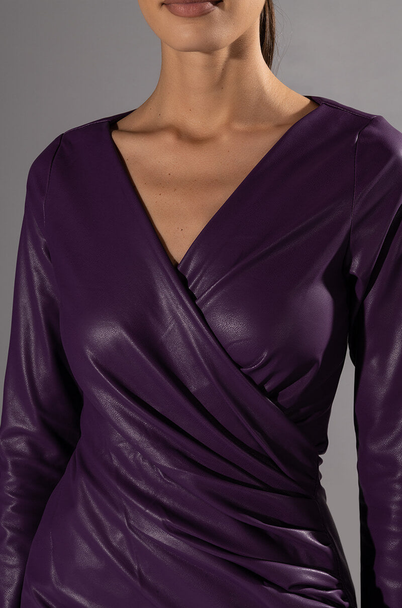 AMETHYST RUCHED FAUX LEATHER LONG SLEEVE MINI DRESS