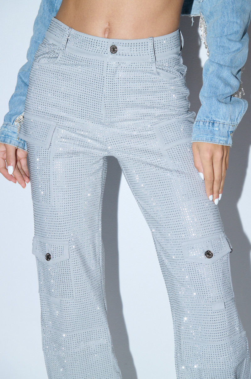 AMMO BONNE SOIREE RHINESTONE CARGO PANTS IN GREY