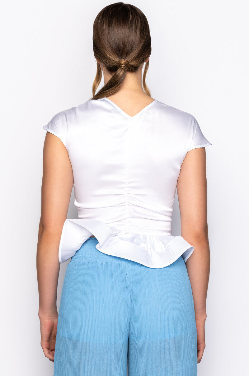APEX SHORT SLEEVE SATIN PEPLUM BLOUSE