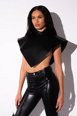 ARIA FAUX LEATHER MOCK NECK TRIANGLE BLOUSE