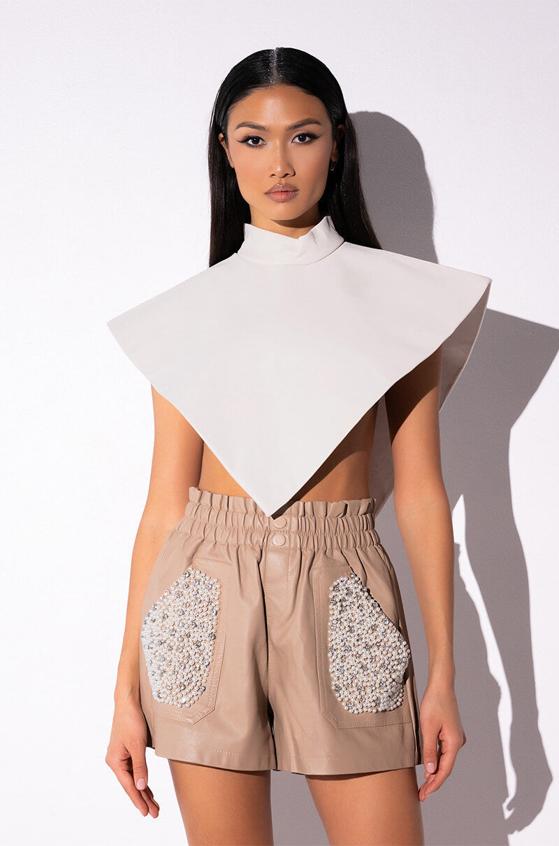 ARIA FAUX LEATHER MOCK NECK TRIANGLE BLOUSE
