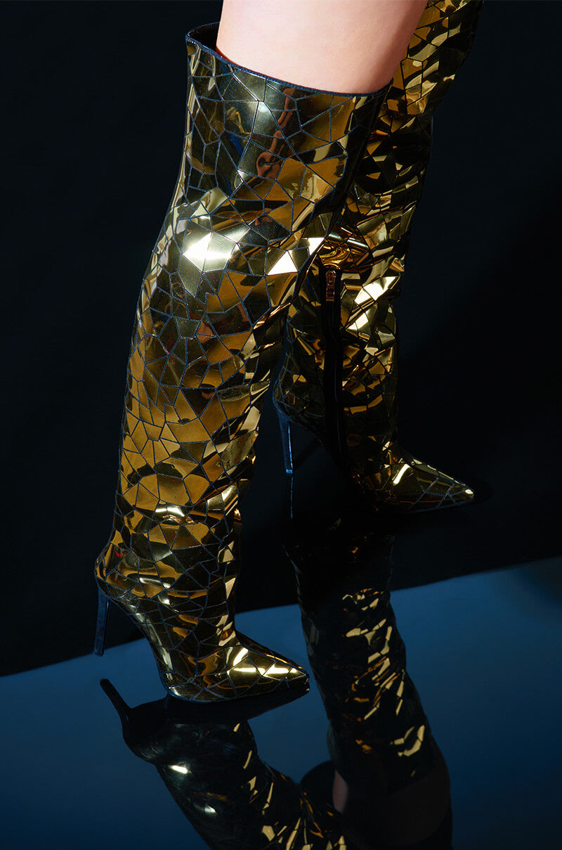 AZALEA WANG SHATTERED METALLIC STILETTO BOOT IN GOLD