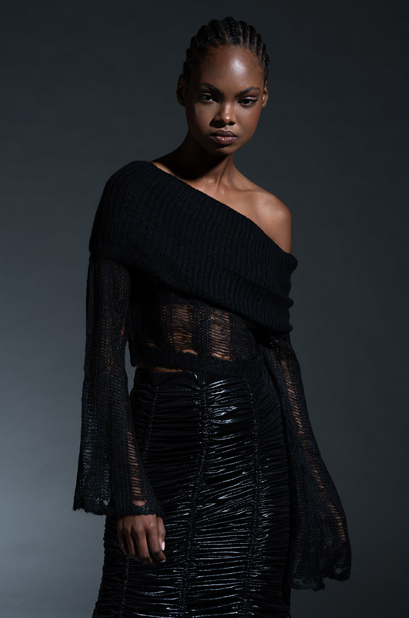 BAD INTENTIONS OFF THE SHOULDER DISTRESSED SWEATER
