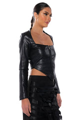 BADDIE FAUX LEATHER SQUARE NECK ZIP FRONT TOP