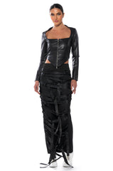 BADDIE FAUX LEATHER SQUARE NECK ZIP FRONT TOP