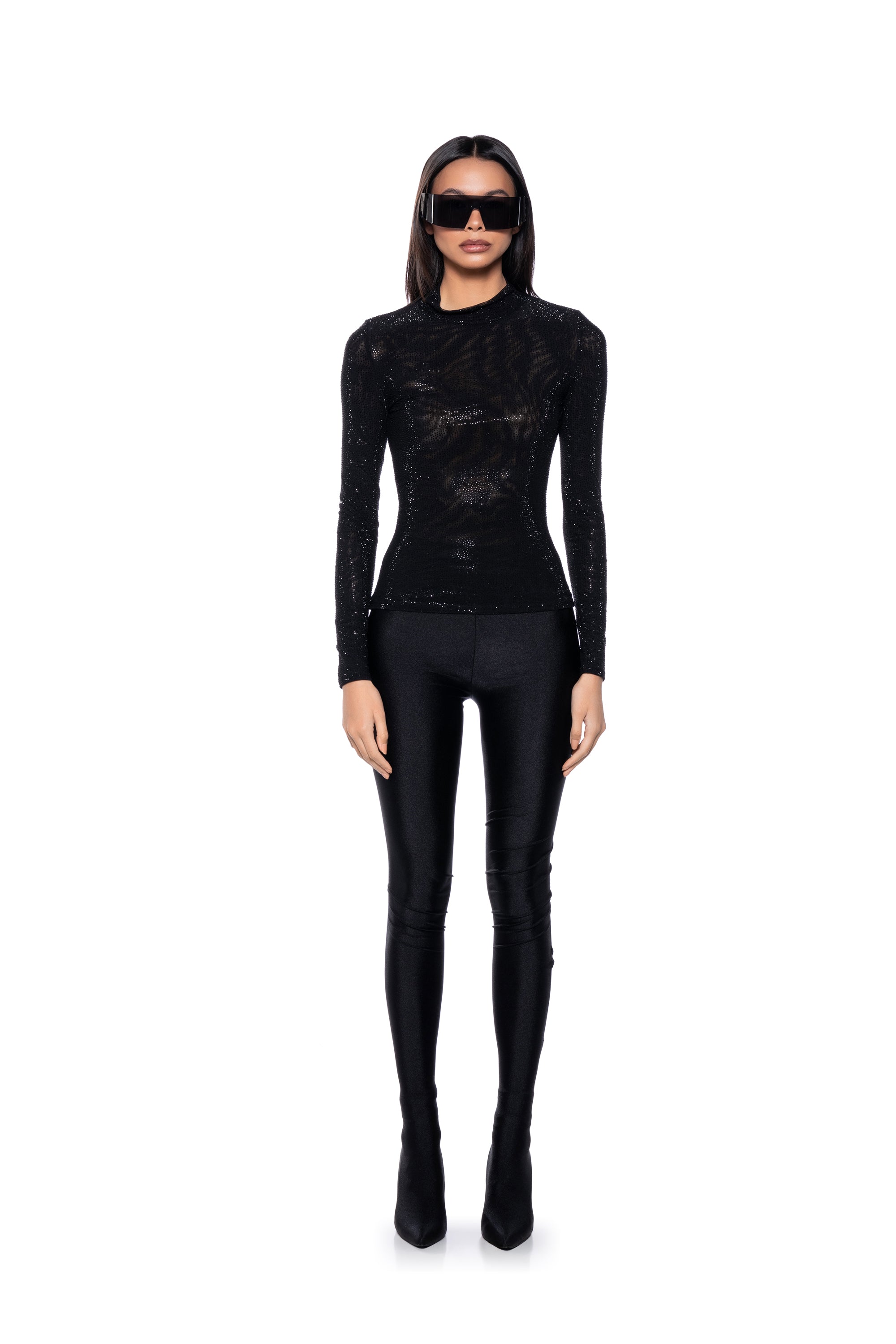 CLARISSA EMBELLISHED LONG SLEEVE MESH TOP