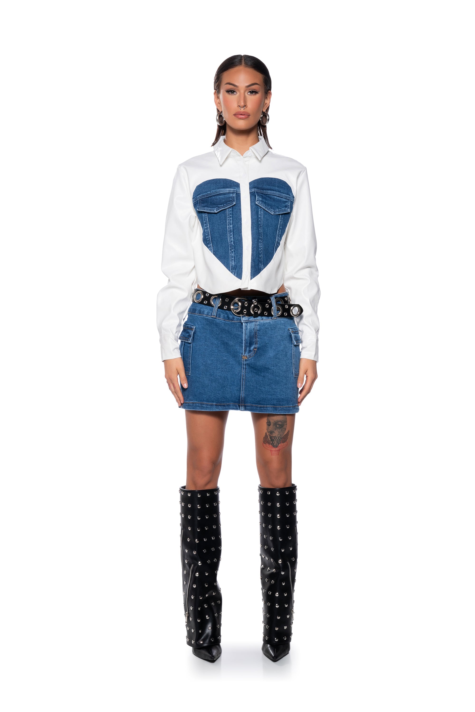 CLEAR LOVE FAUX LEATHER DENIM DETAIL BUTTON DOWN TOP