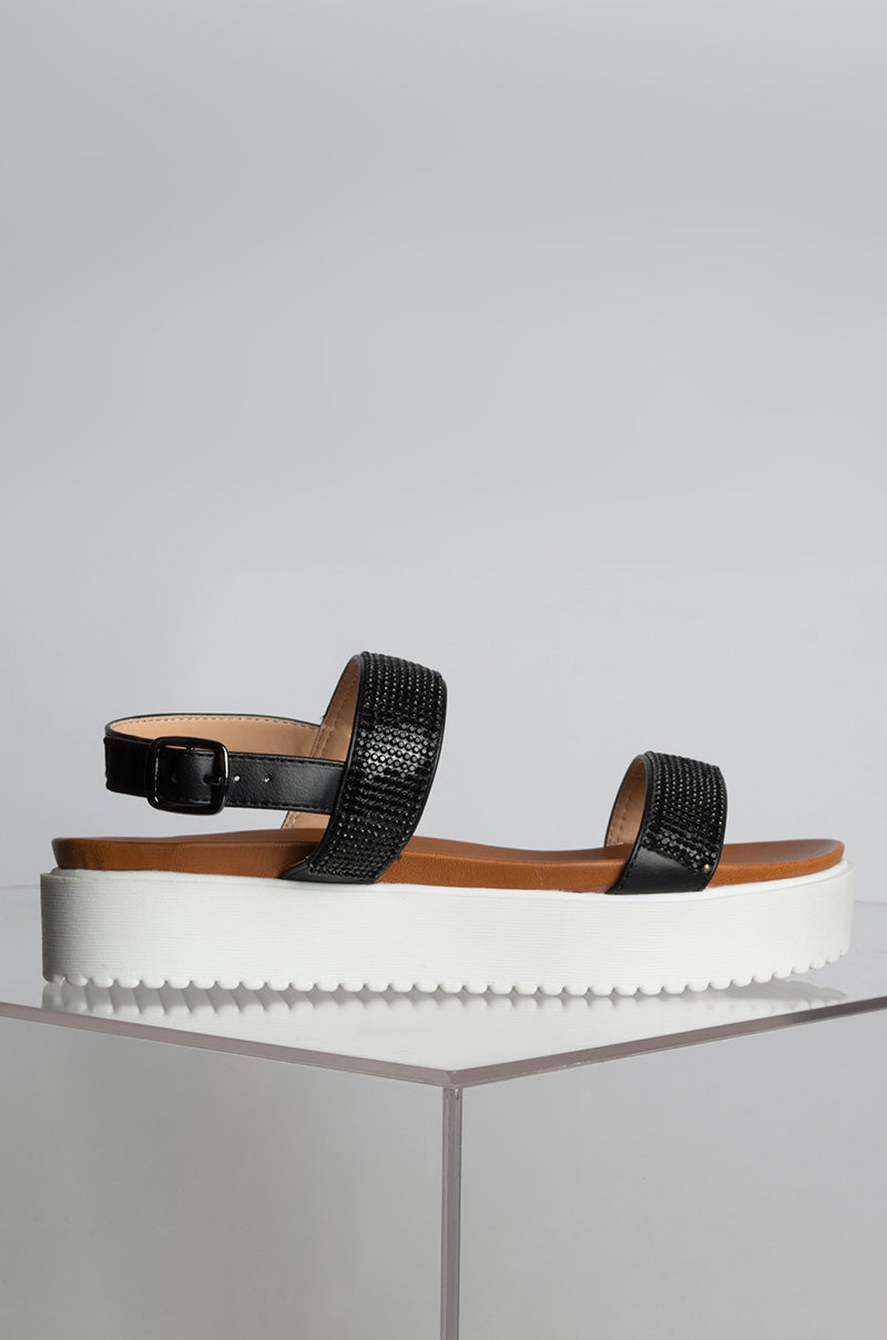 AZALEA WANG SUGAR AND SPICE EMBELLISHED TWO STRAP FLATFORM SANDALS BLACK