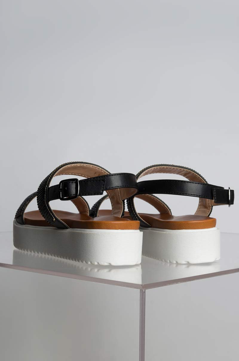 AZALEA WANG SUGAR AND SPICE EMBELLISHED TWO STRAP FLATFORM SANDALS BLACK